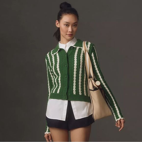 Anthropologie 4SI3NNA Collared Crochet Open-Stitch Cardigan Sweater NWT - Picture 2 of 9